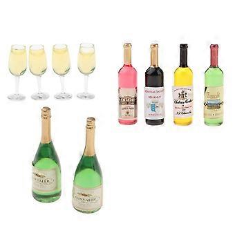 Miniatur-Wein- und Champagnerflaschen mit Gläsern im Maßstab 1:12