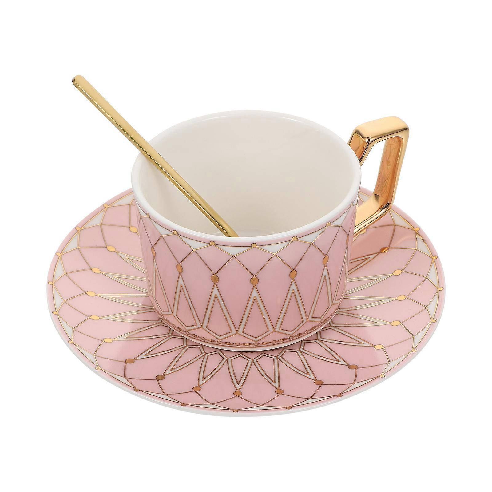Ceramic Coffee Cup Set for Water Drinking with Tray and Spoon 1Set Pink