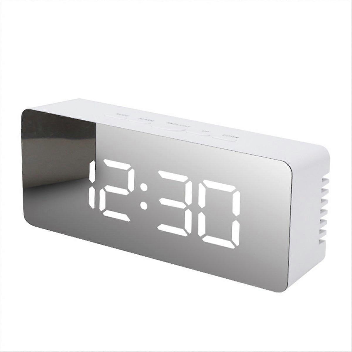 LED Mirror Digital Clock Bedroom Travel Electronic Table Clock, White