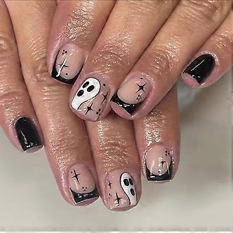 Conjunto de unhas postiças francesas para o Halloween com design de fantasminha fofo, 24 peças curtas em formato de caixão na cor preta.