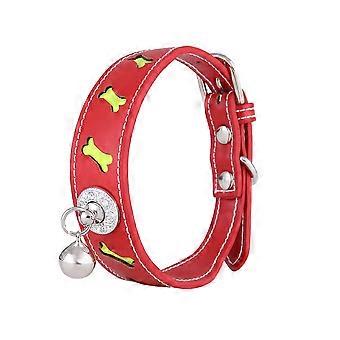 Pet Collar with Bell Bone Shape Dog Necklace 3Pcs Adjustable Red PU