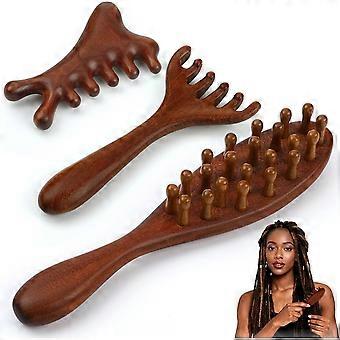 Kit com 3 Massageadores de Couro Cabeludo de Madeira, Escova Massageadora para Dreadlocks com Cabo Longo, Ferramenta Multifuncional para Massagear o Cabelo, para Homens e Mulheres