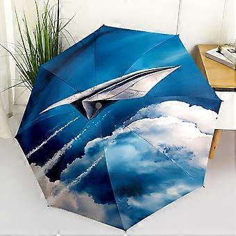 1pc Airplane Theme pattern Umbrella Portable Folding Umbrella Iron Frame Hole Bone Structure Outdoor Home Umbrella