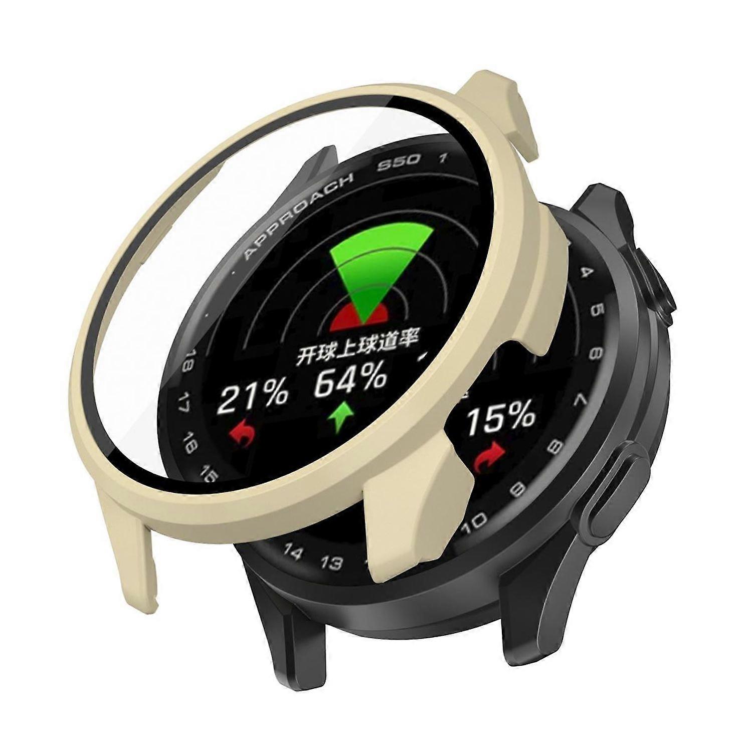 For Garmin Approach S50 Plastic Watch Case + Tempered 9H Hard Glass Beige