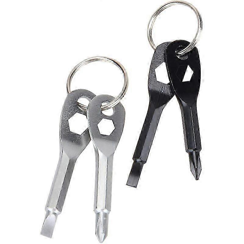 2 Pieces 4 in 1 Multi-Function Screwdriver Keychain Tools, Black Silver