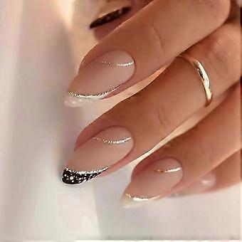 French Tip Short Almond Press On Nails Black and White Fake Nails Acrylic Design for Wedding