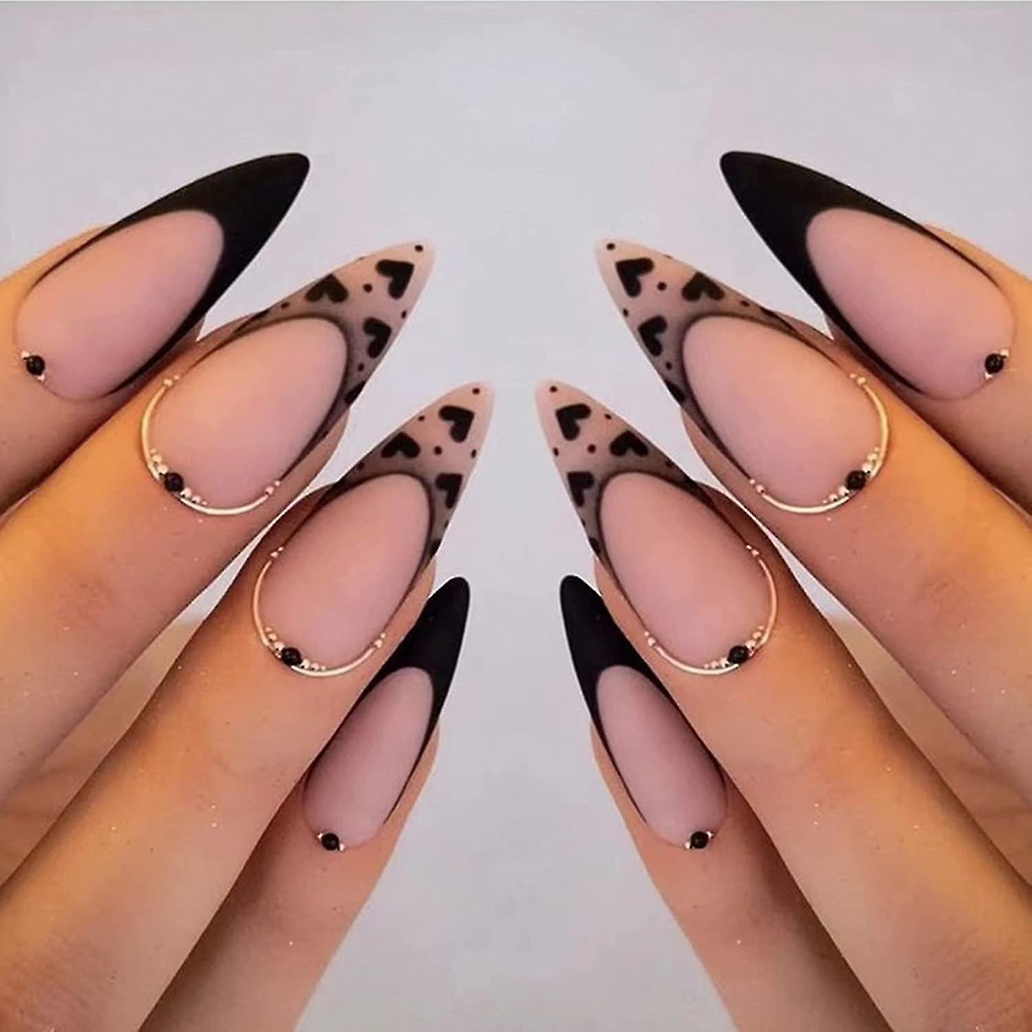 24 Pcs False Nails Short,Black and Pink French False Nails