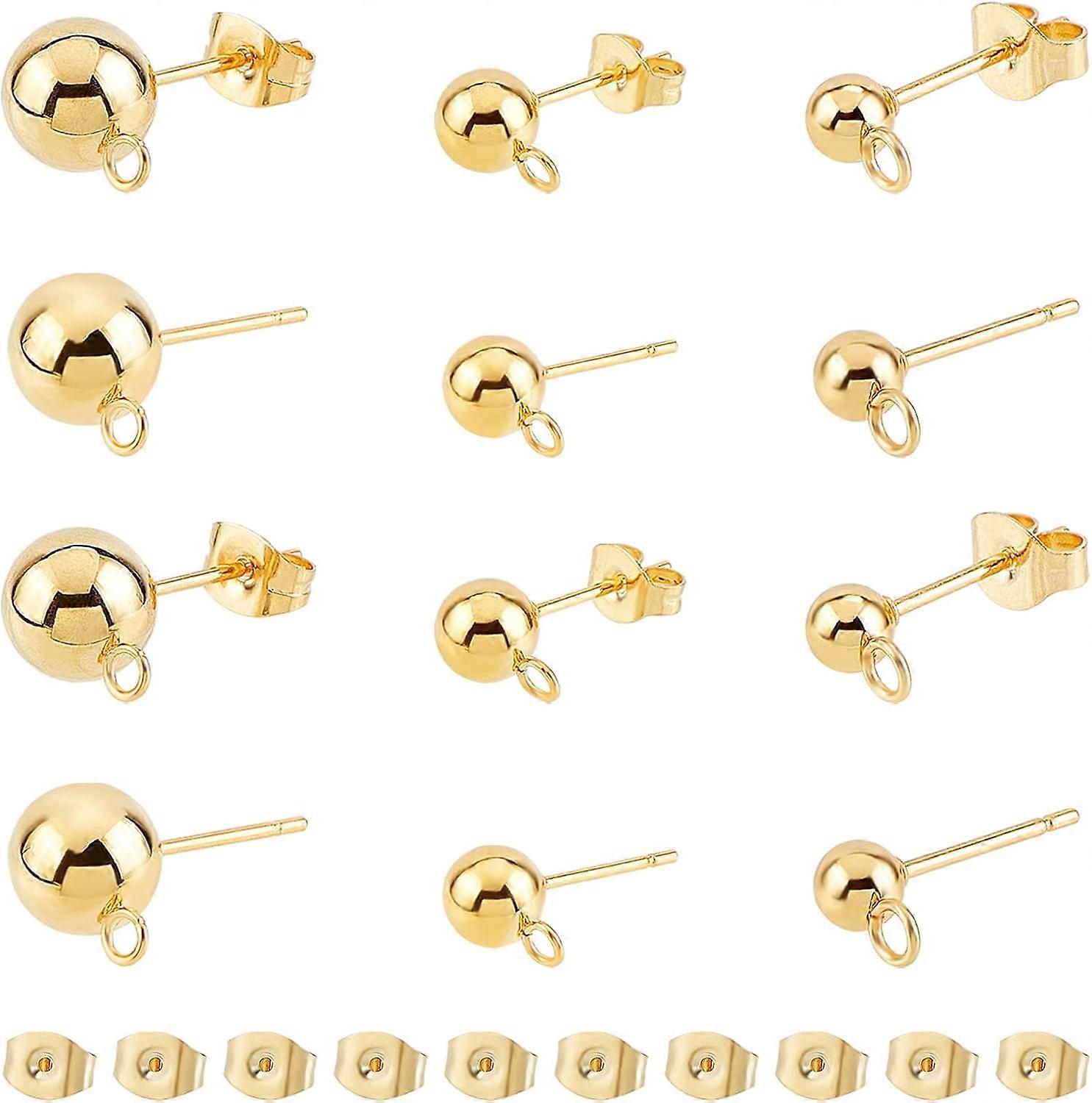 30pcs 3 Sizes Gold Ball Stud Earring Stud Earring Findings with Loop and Ear Nut Stainless Steel Earring Component for DIY Jewellery Making