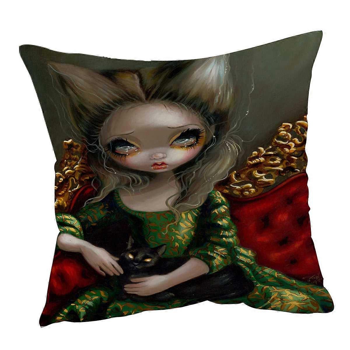 Rococo Portrait style Princess with a Black Cat Cushion Cover