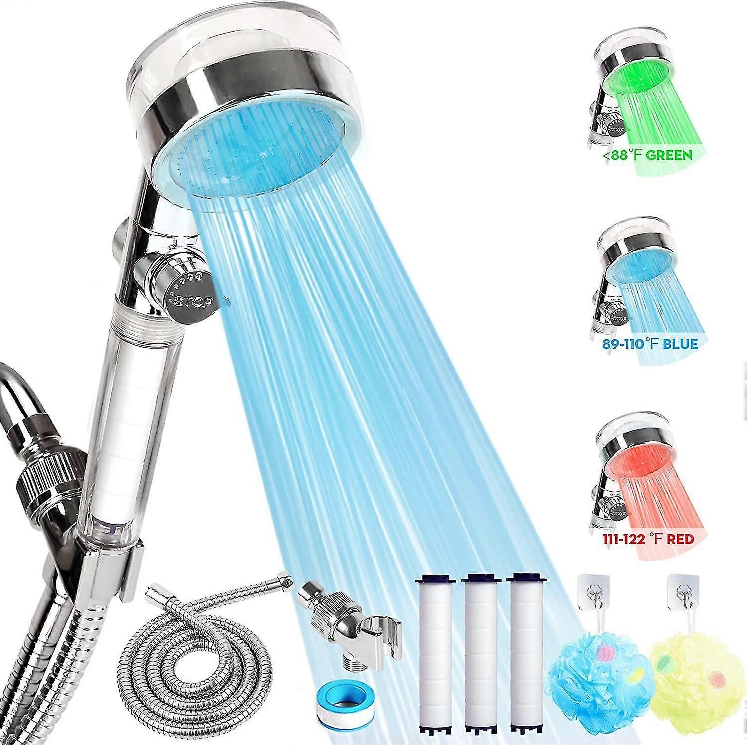 Led Shower Head With Handheld, Shower Heads High Pressure Hydro Jet Shower Head With Hose, Holder & 3 Filters, 3 Water Temperature-controlled Filtered