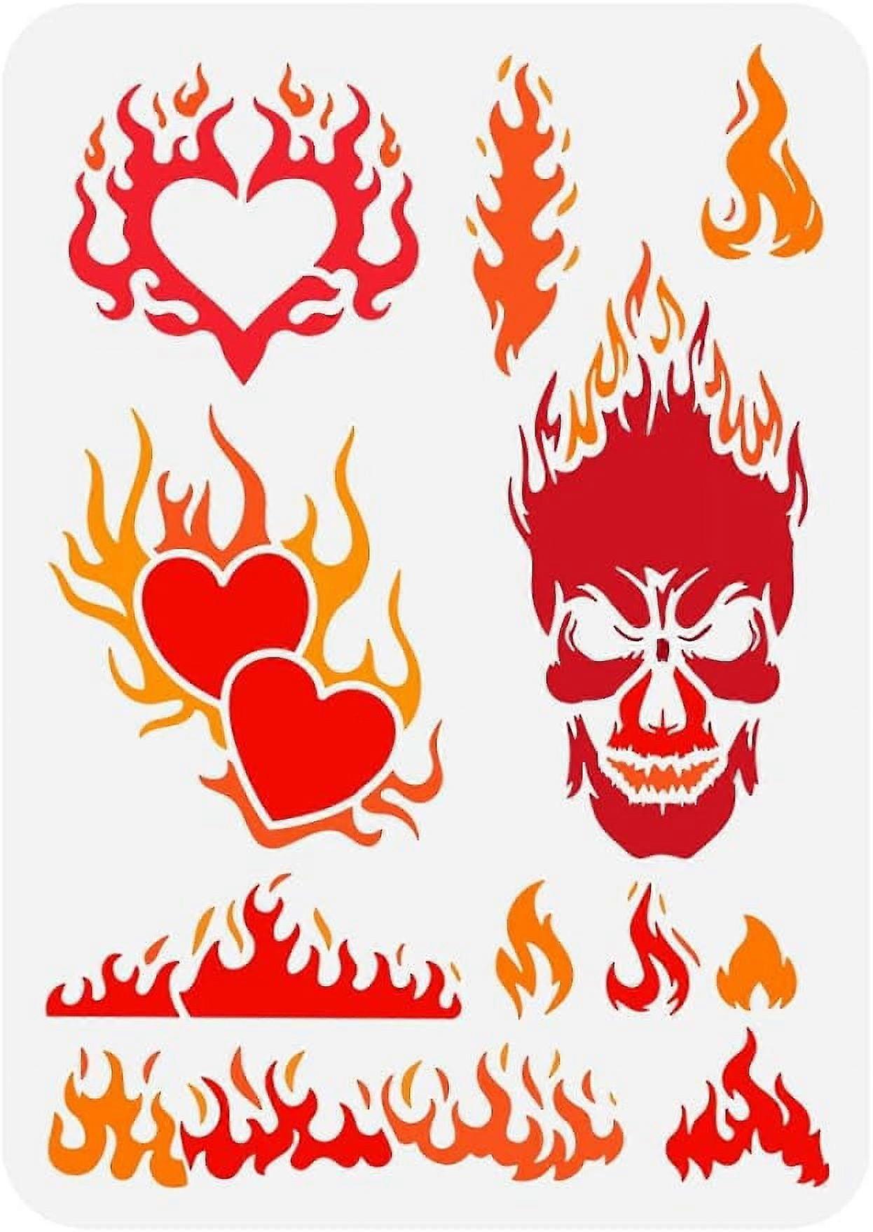 1Pc Flames Painting Stencil Large Fire Pattern Stencil for Painting Reusable Heart Patterns Drawing Template Plastic Skull Stencil