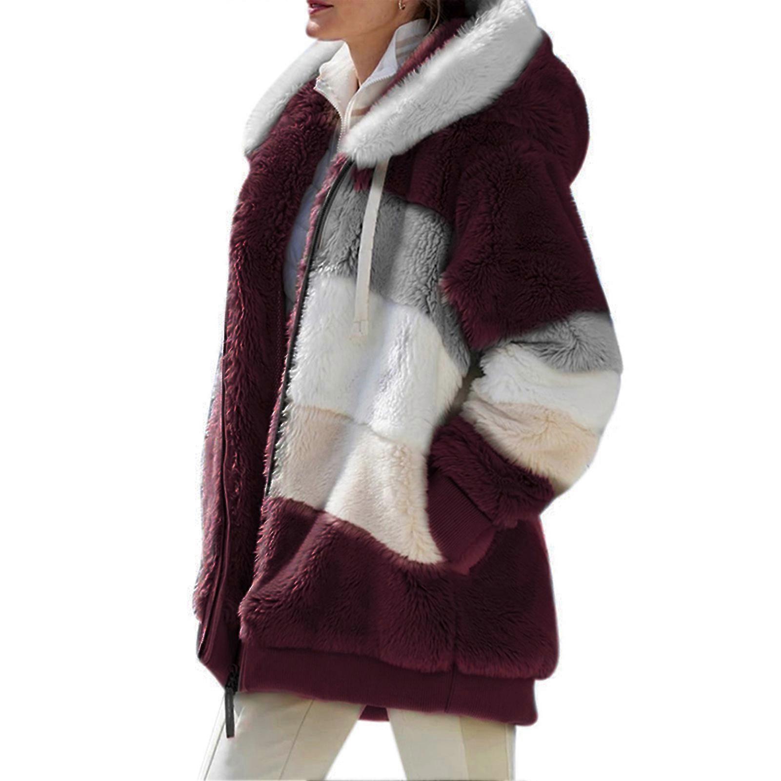 Contrasting Plush Padded Coat Loose Fit Zipper Closure Hooded Coat Outerwear for Women
