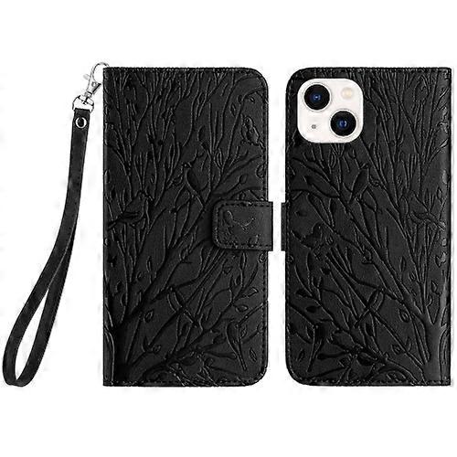 For iPhone 15 Tree Birds Embossed Pattern Leather Phone Case
