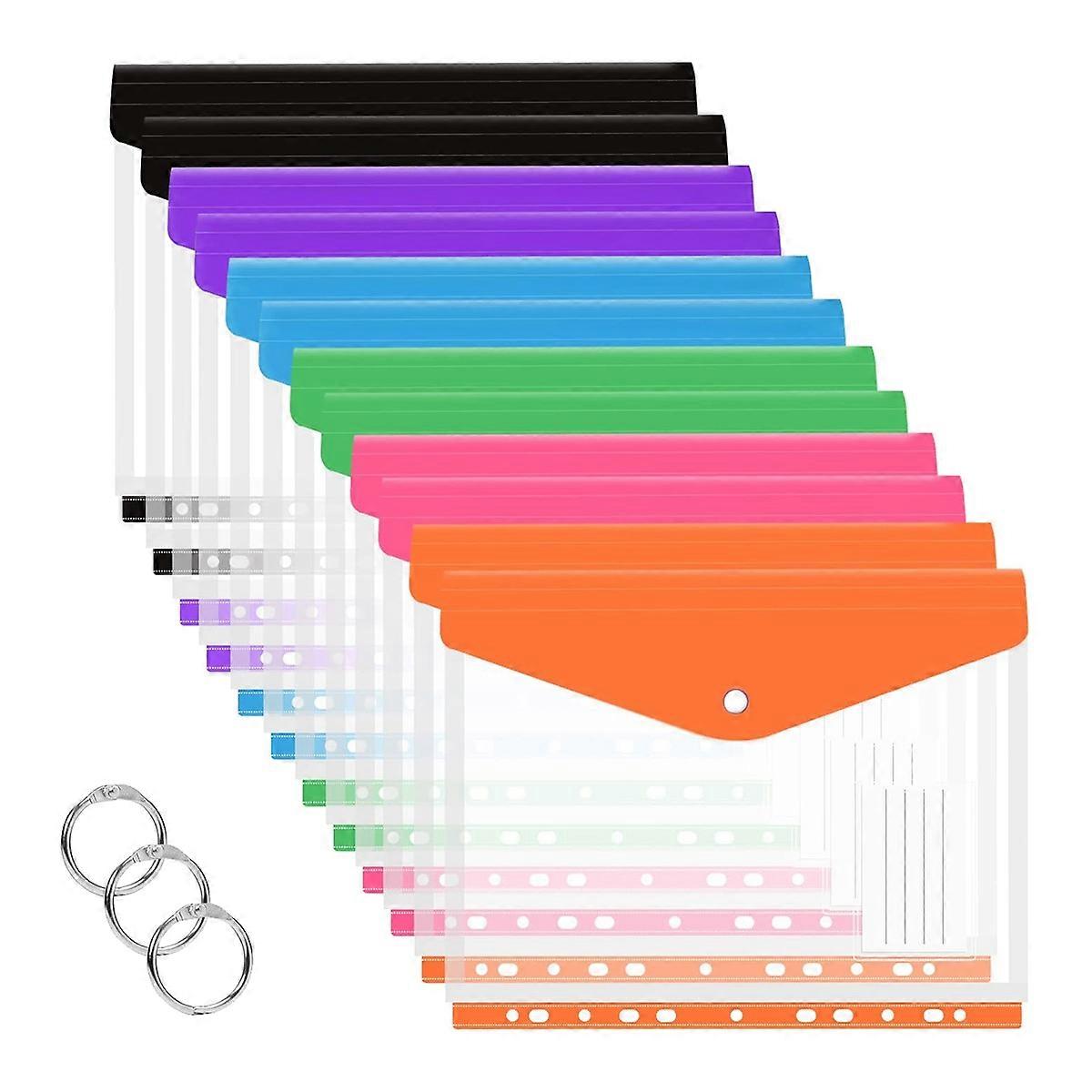 12 Pcs A4 Binder Pocket Expandable Envelopes Clear Plastic Envelopes for Folder, Snap Button