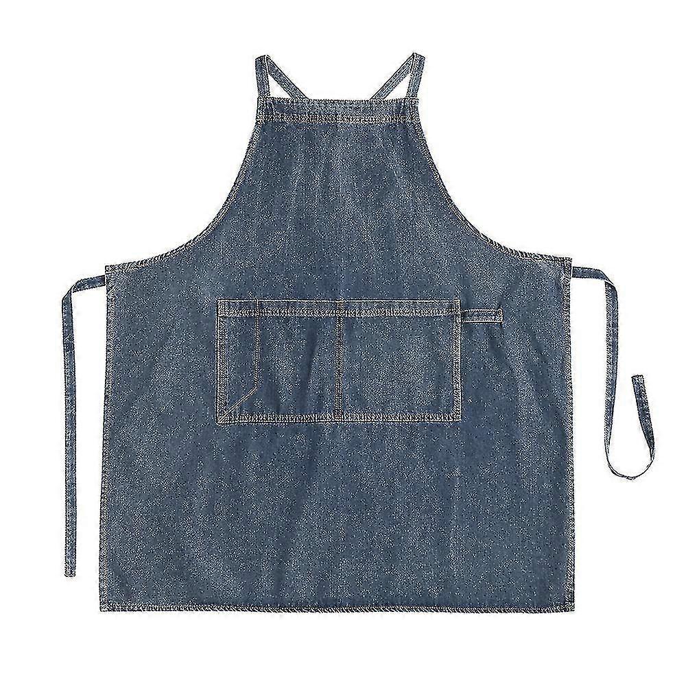 Adjustable Home Apron Denim Stain Resistant Bib With Pockets