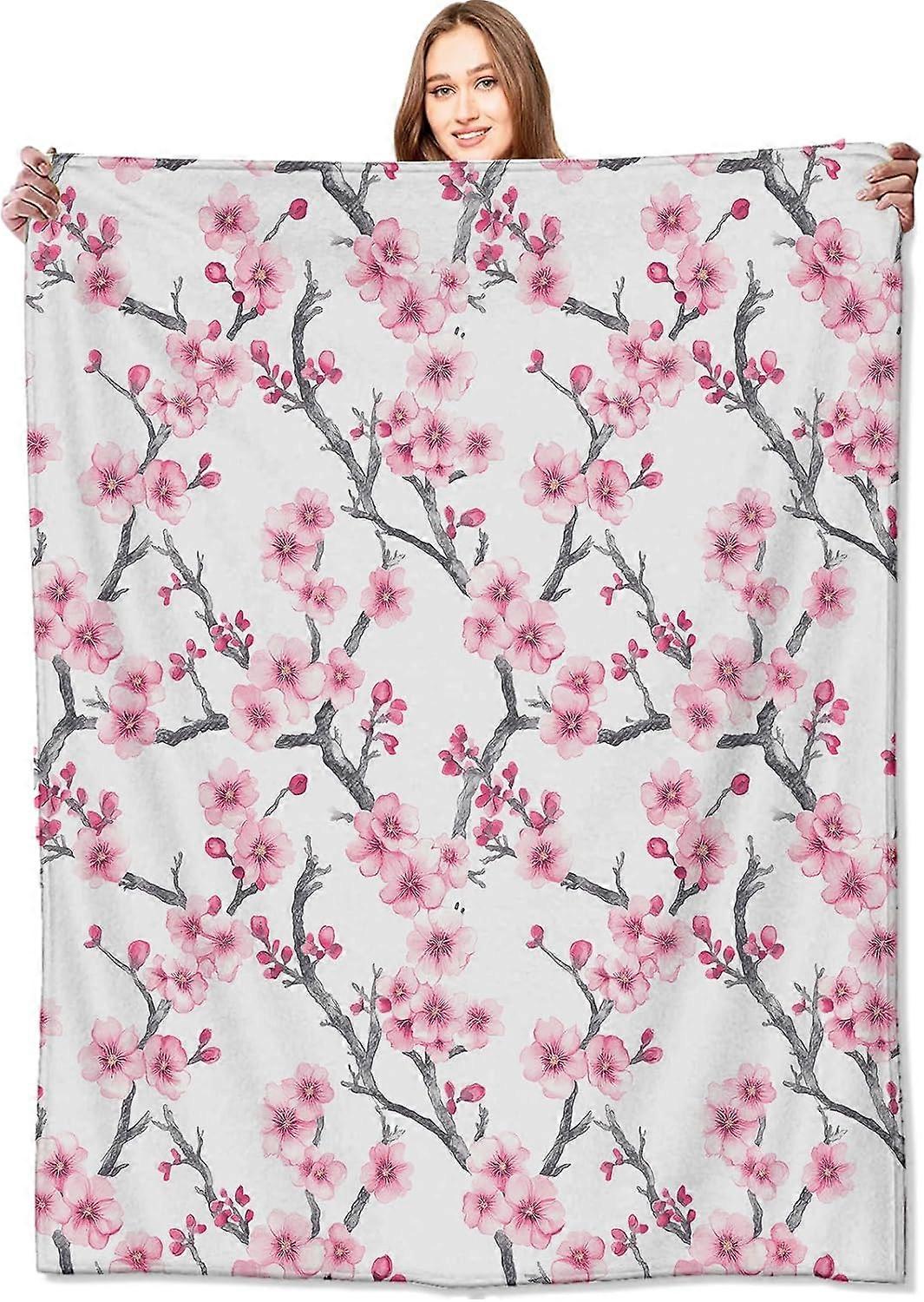 بطانية فروع أزهار الكرز ، 60 × 80 بوصة ، بطانيات رمي الربيع الزهرية الوردية ، هدايا للأطفال والفتيات والنساء وعشاق زهور الطبيعة ، خفيفة الوزن الصوف الناعم C