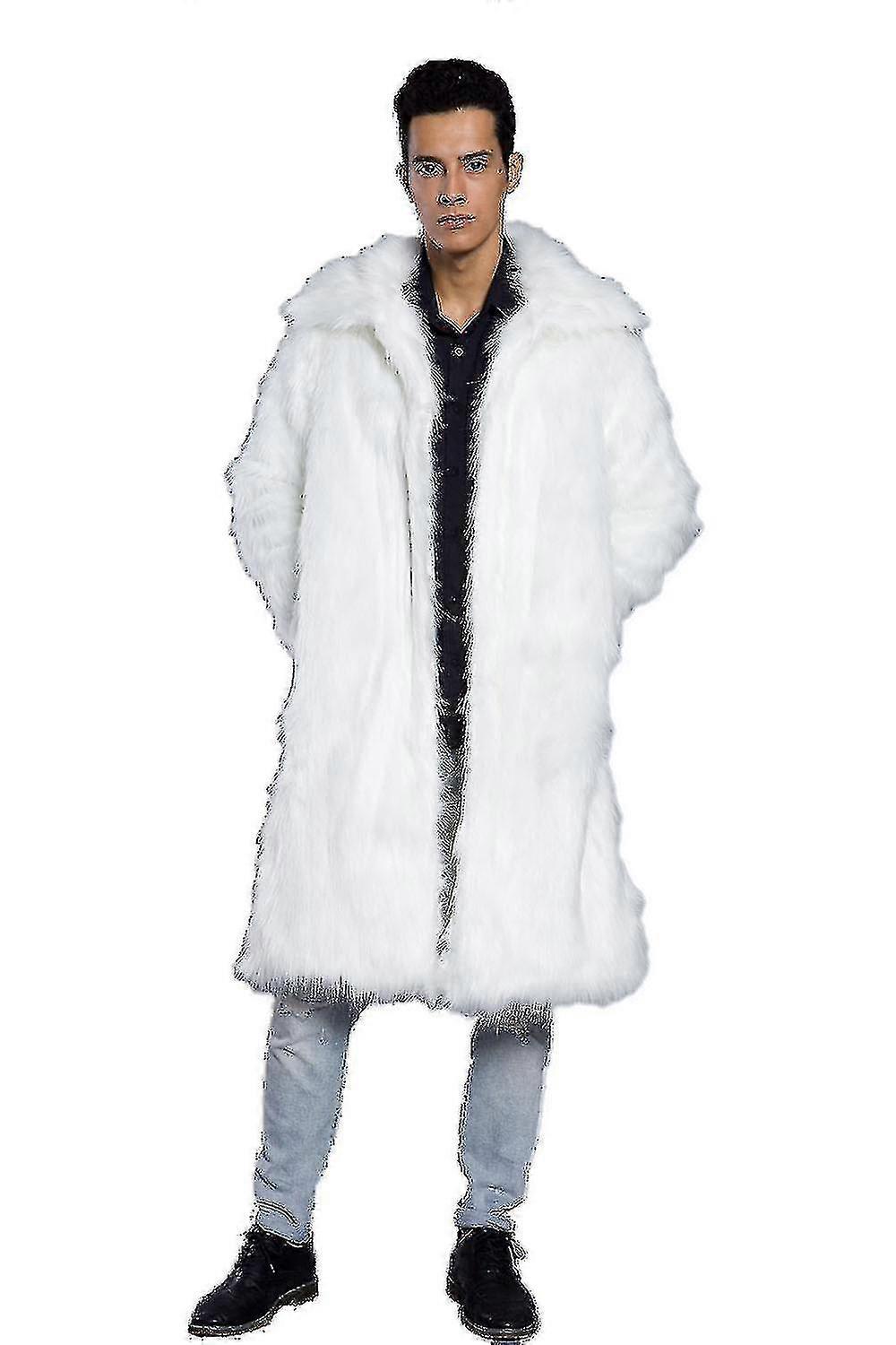 Mäns lång fuskpäls Vinter tjockare stativkrage jacka ytterkläder överrock (l, vit)