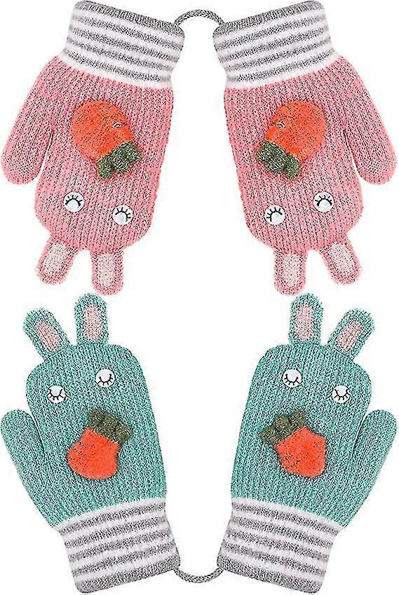 2 Pairs Kids Cute Knitted Gloves With String