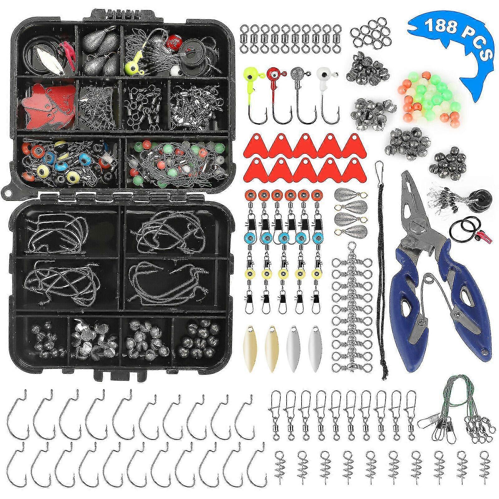 188 Fishing Accessories Kit With Fishing Swivels Hooks Sinker Weights Tackle Box