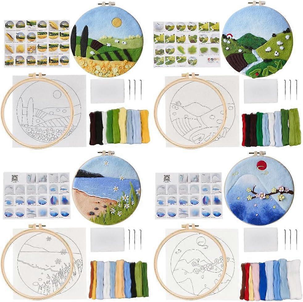 4 Sets Needle Felt Starter Set Alpine Meadow Felt Painting Kit for Beginners Wool Felting Supplies with Picture Frame Felt Needles Foam Pad Felt Cloth