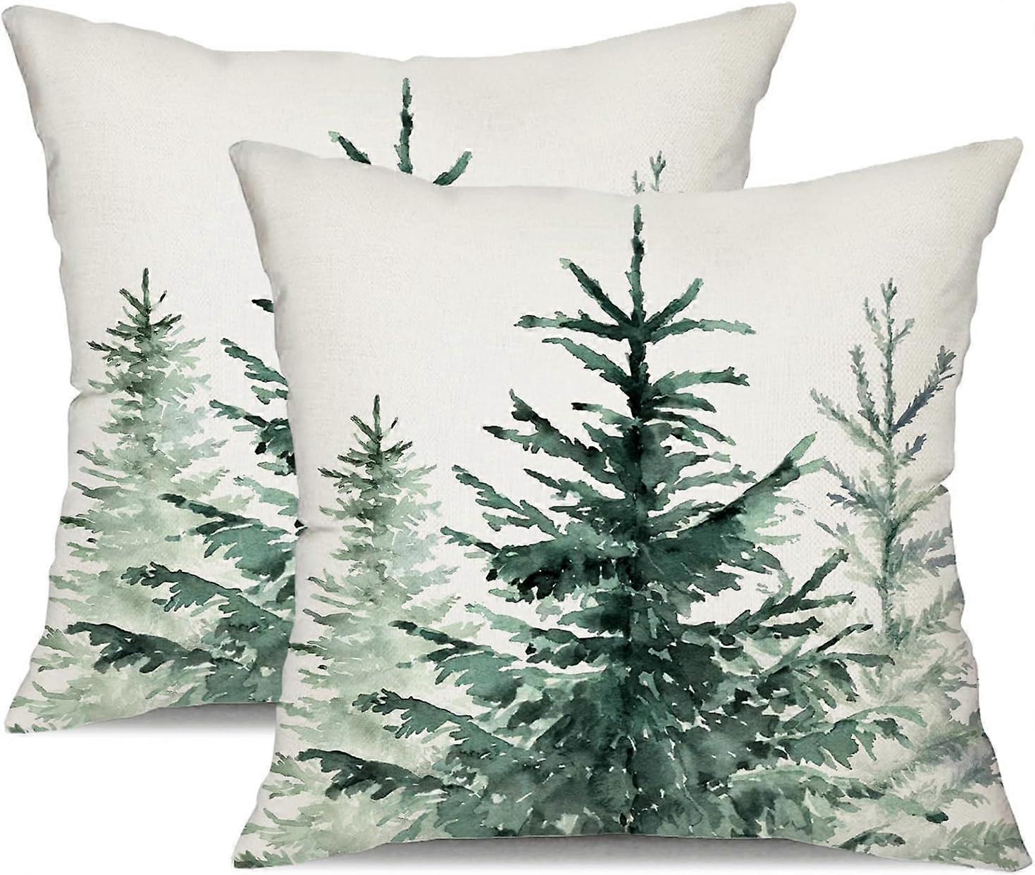 Christmas Pillow Covers 18x18 inch Set of 2 Watercolor Blue Green Christmas Tree Rustic Style Nature Forest Print Decorative Throw Pillows Winter Chri
