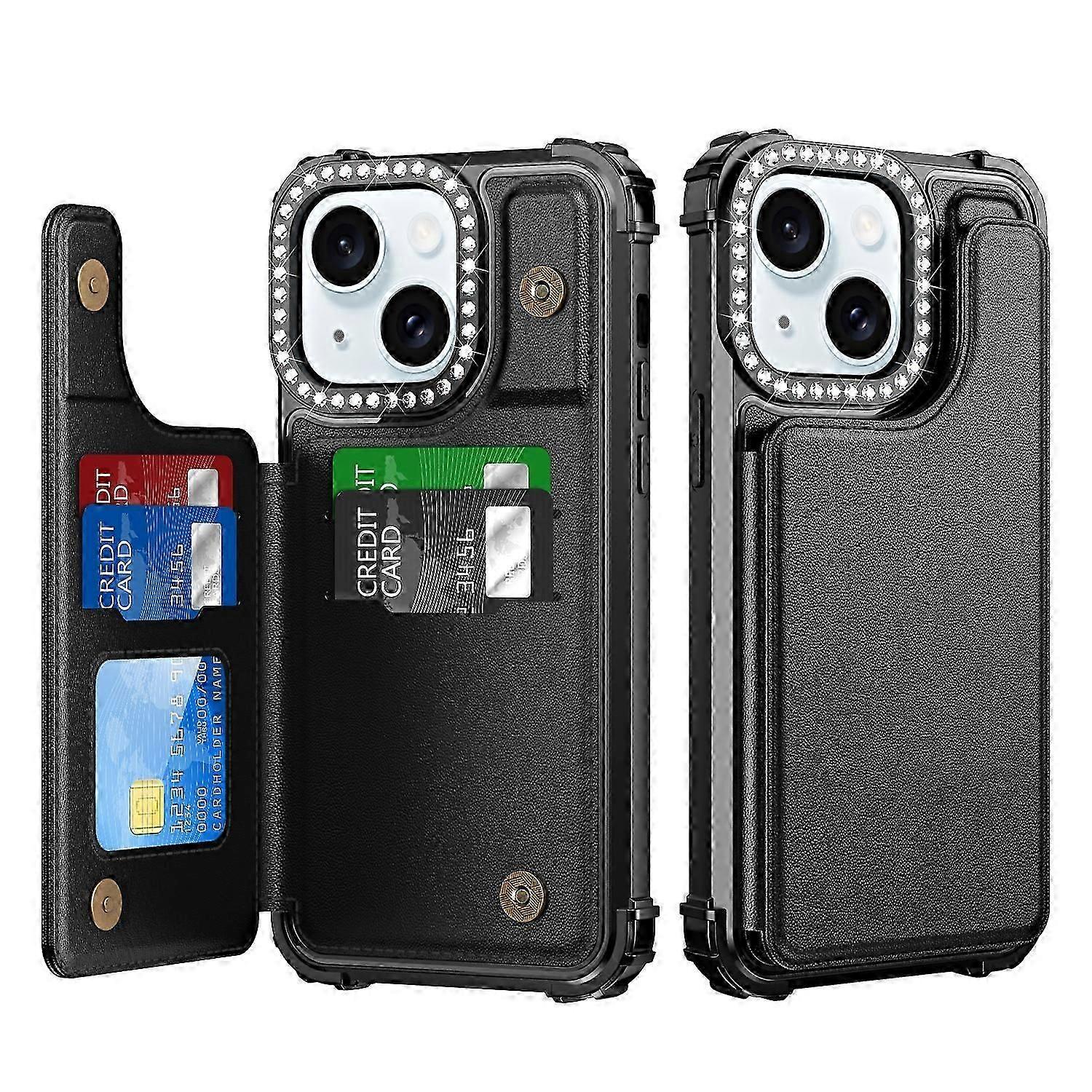 ZM15 For iPhone 15 Plus Kickstand Case Rhinestone Decor Leather+TPU Phone Cover
