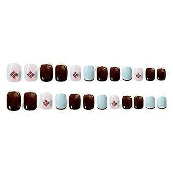 24pcs Press On Nails Pink Brown Blue Color Matching French Nails Kit