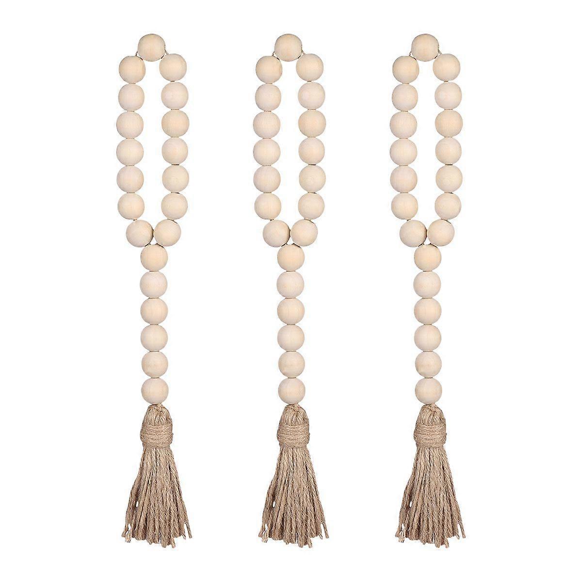 3pcs Nordic Style Nature Wood Beads String with Tassel Decorations for Home Car (Pattern 2)