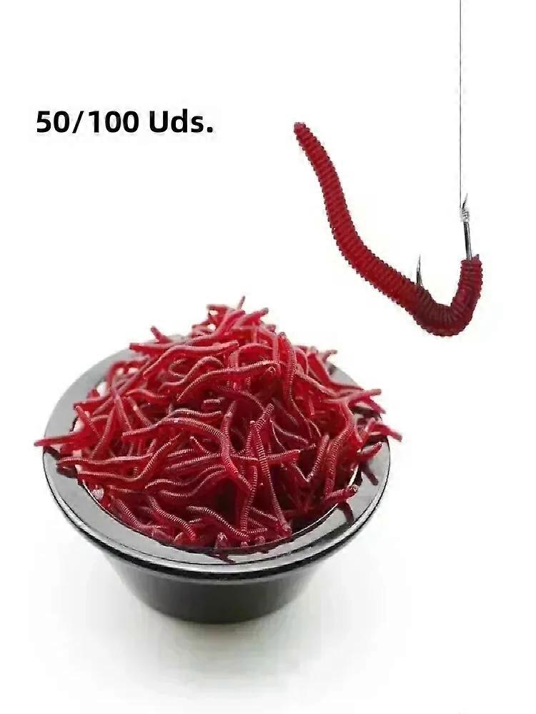 50 / 100PCS Minhocas de pesca macias para salmão e robalo Vermes de sangue realistas com conjunto de equipamento de pesca com cheiro de peixe para piscina de reservatório de lago fluvial