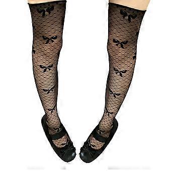 Damenstrümpfe aus transparenter Spitze im japanischen Stil mit Schleifen und Herzmuster, durchsichtiges Netz, solide Overknee-Socken, vertikaler Liebesstil
