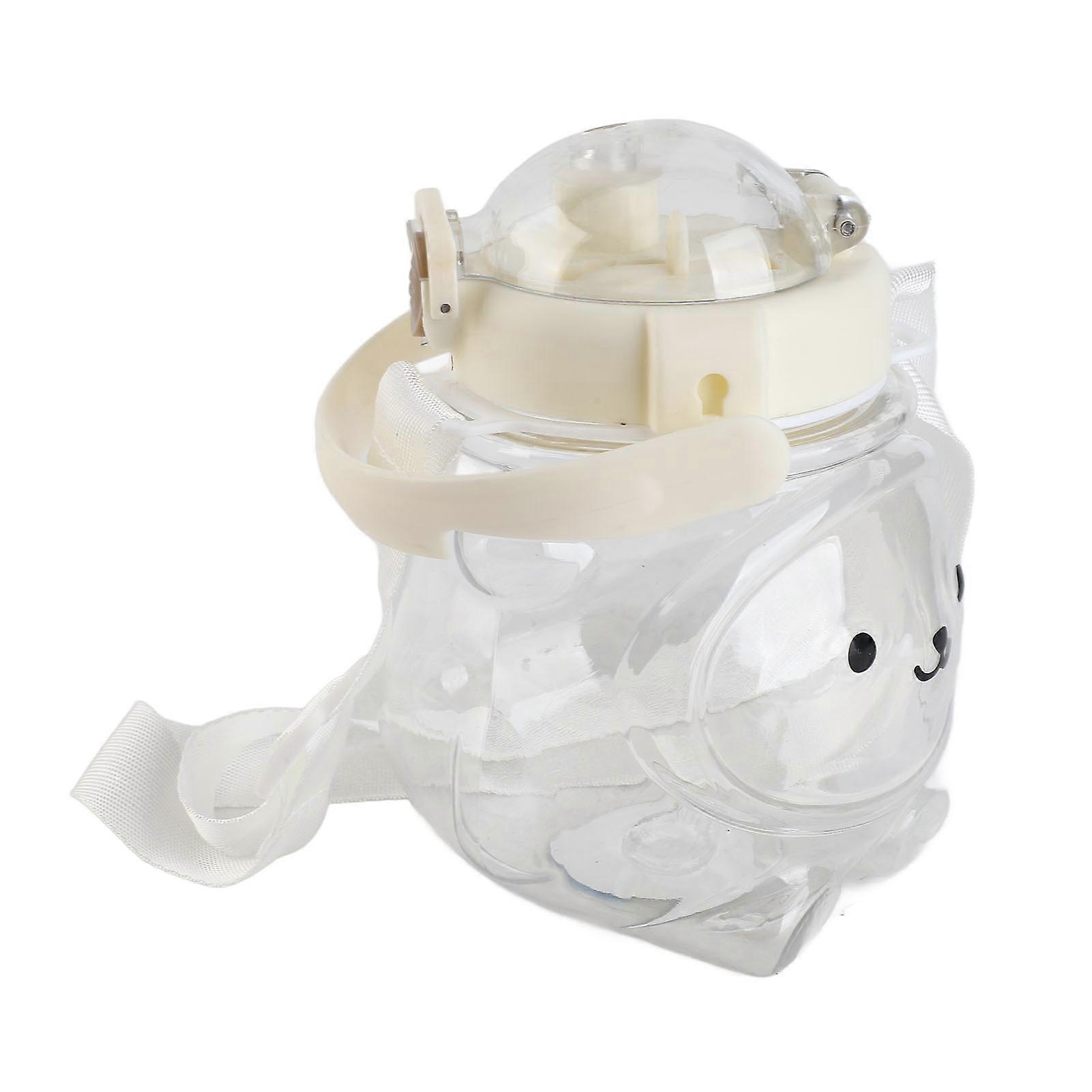 Large Water Bottle 1000ml Cartoon Bear Shape Portable Drinking Bottle with Straw Strap for Summer White 