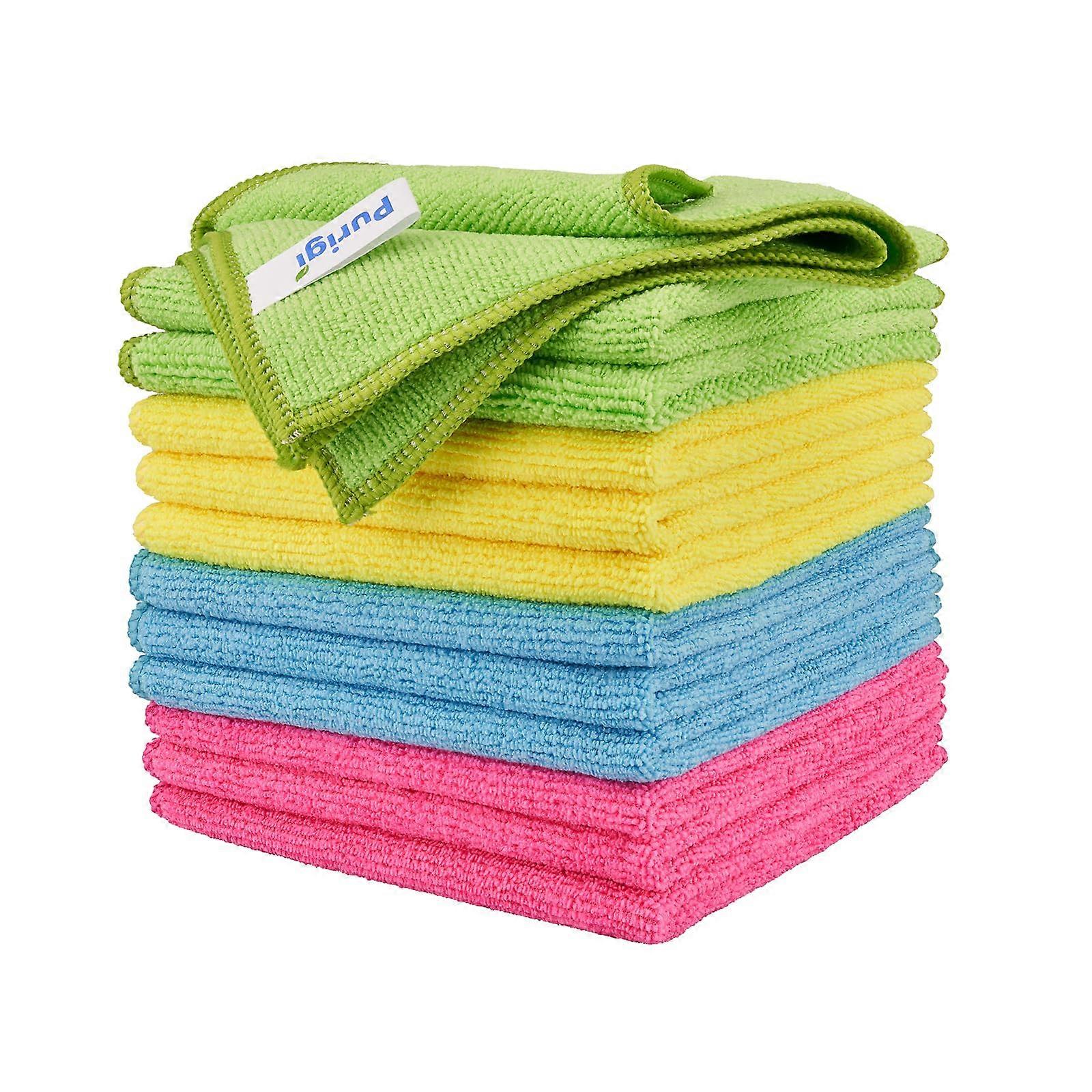 Microfiber Cleaning Cloths, 12-Pack, Reusable and Lint-Free, Assorted Colors (Light Blue, Pink, Yellow, Green), 11.8 In X 11.8 In