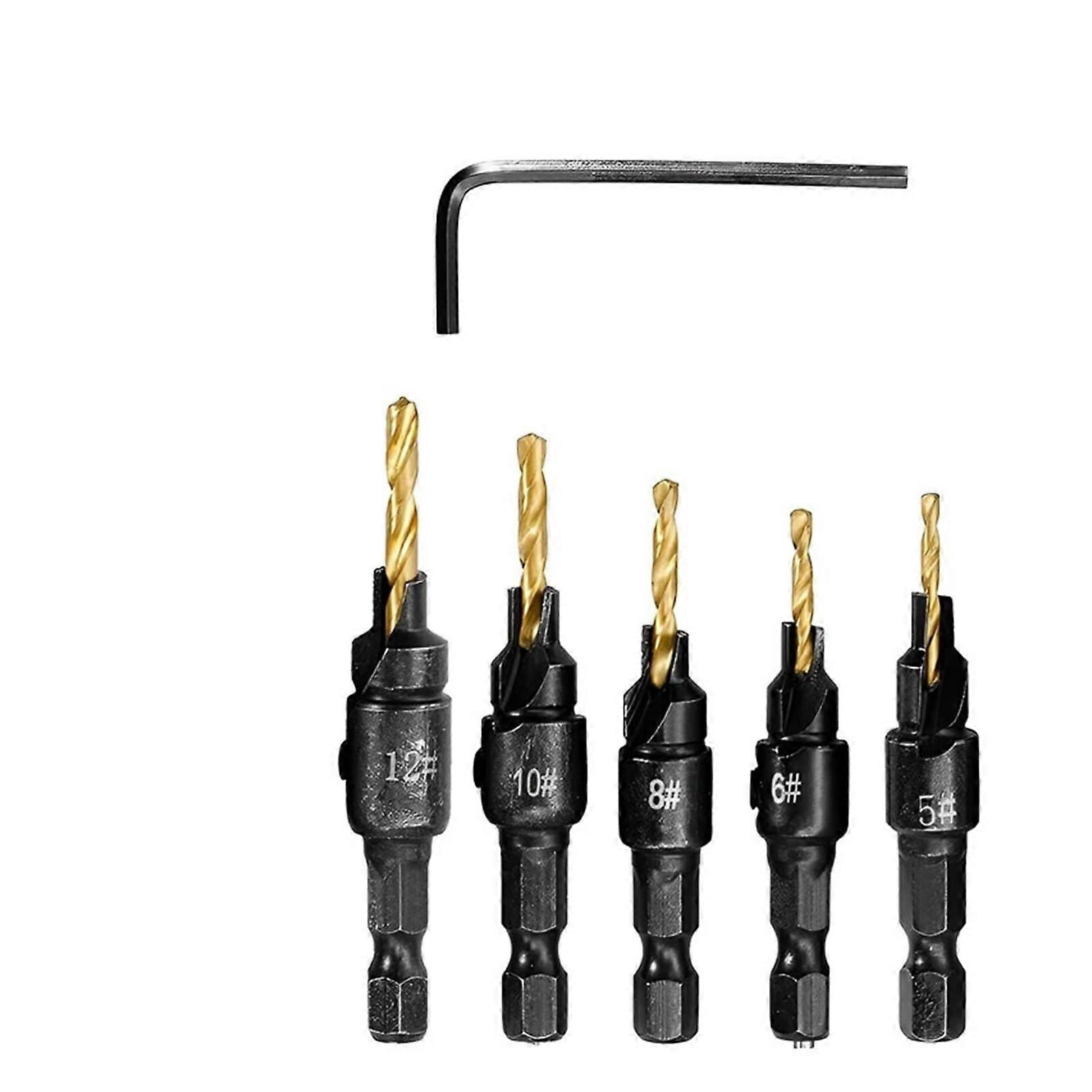 Countersink Drill Bit Set 5-Piece Woodworking Titanium-Plated Countersink Bits For Screw Sizes #5,#6,#8,#10,#12