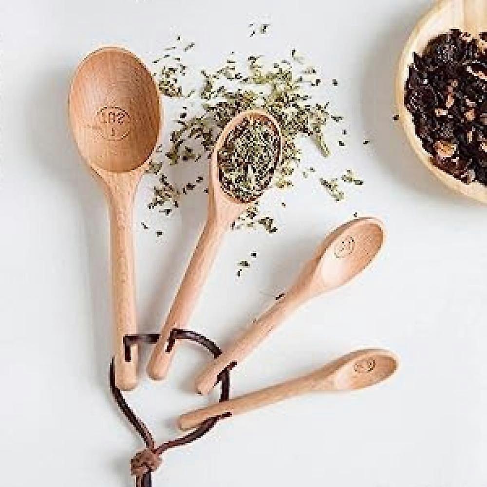 Wooden Measuring Spoons, Set of 4 Engraved Accurate Spoons for Dry and Liquid Ingredients, Nature Beech Wood,With Removable Loop