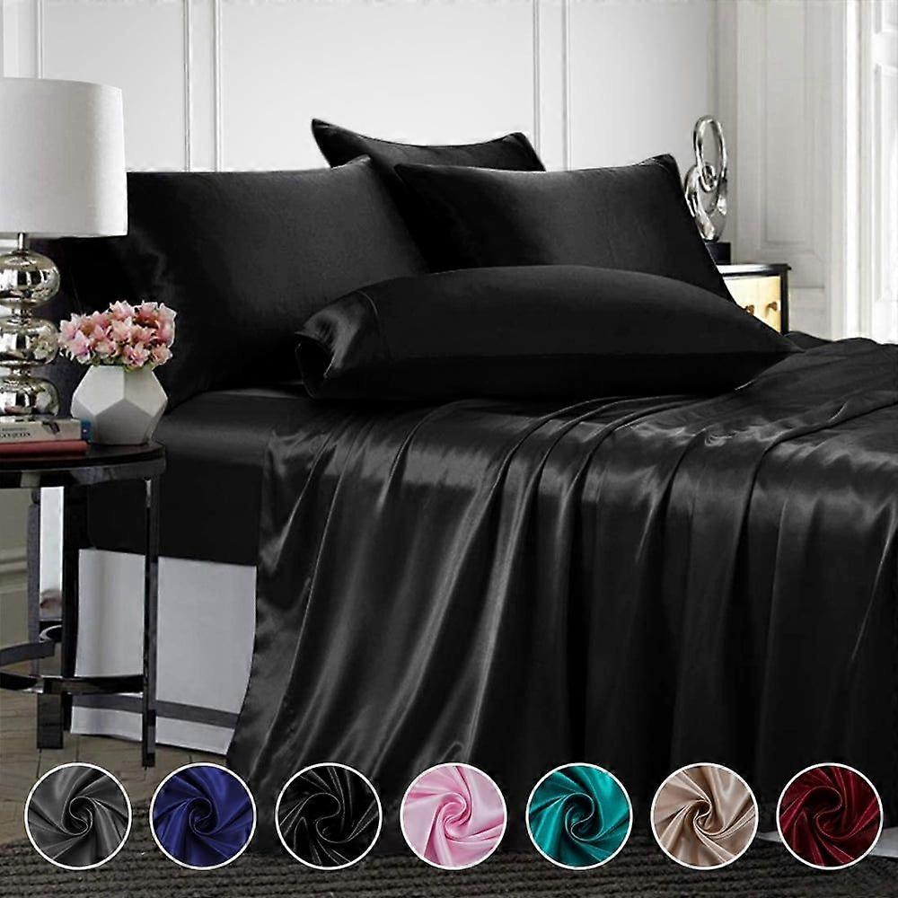 Satin Sheets Queen Silk Sheets Black Sheet Set Deep Pocket Bed Flat Fitted Sheet 4 Piece Set