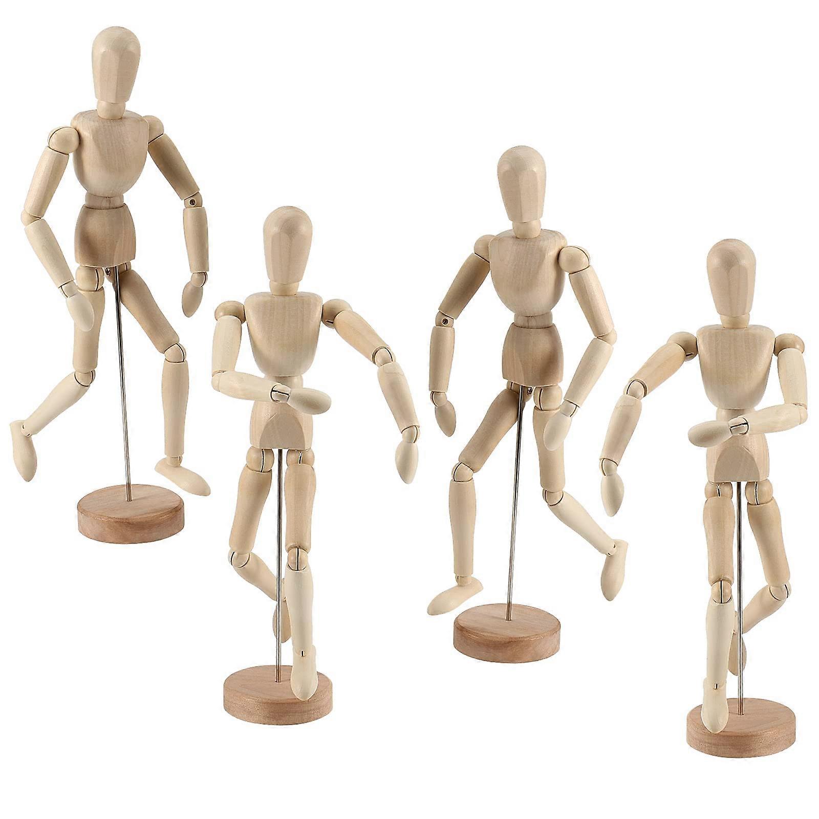 12 Inch Wooden Articulated Artist Mannequin with Stand - 4 Pack for Drawing and Sculpture Models