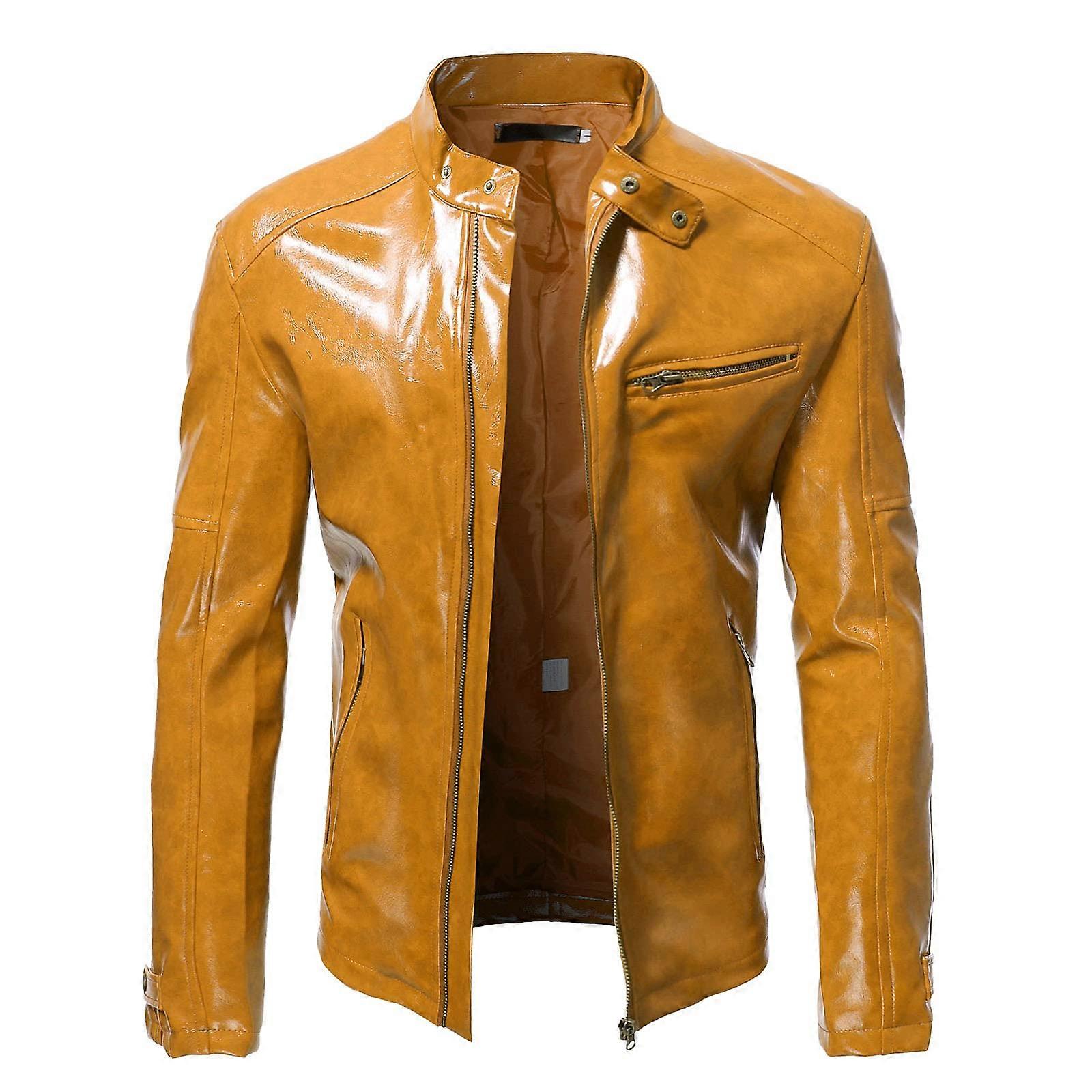 Men's  Leather Blazer Jacket Lightweight Long Sleeve Pullover Waterproof A7Yellow XL