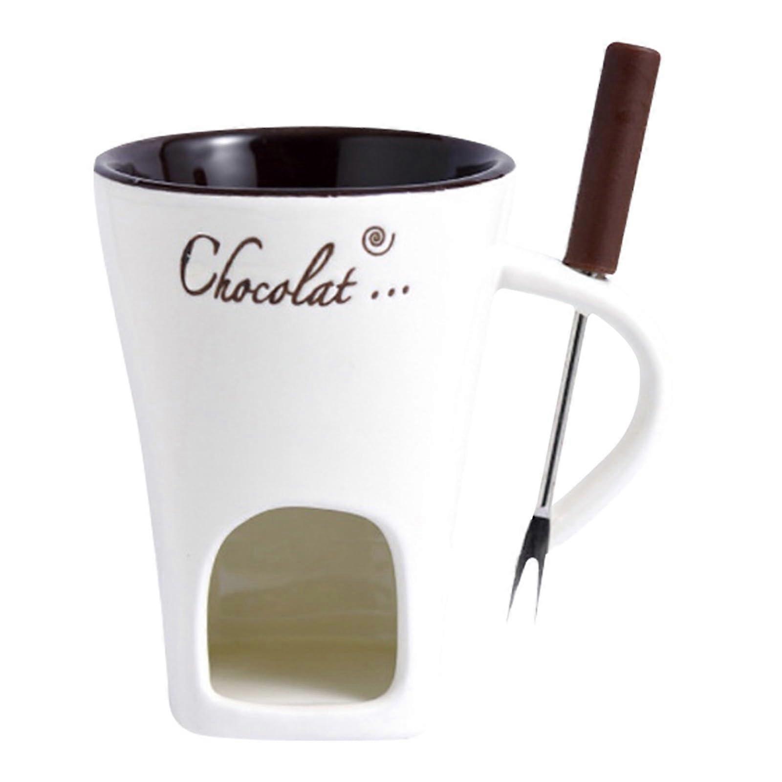 Chocolate fondue set, Ceramic cup with fork, WhiteBrown, Chocolat design