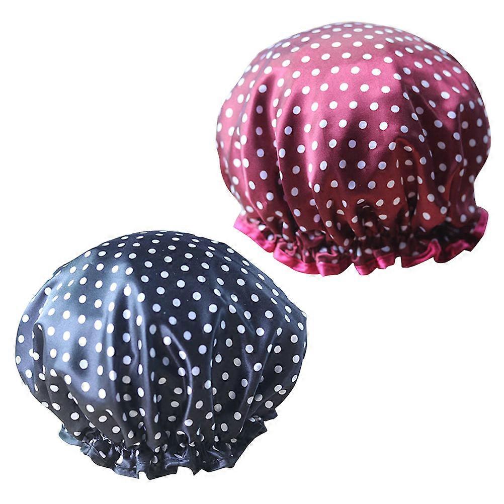 Waterproof Shower Cap Reusability Foldable Design Bathing Accessory Black Base with White Dot 2Pcs
