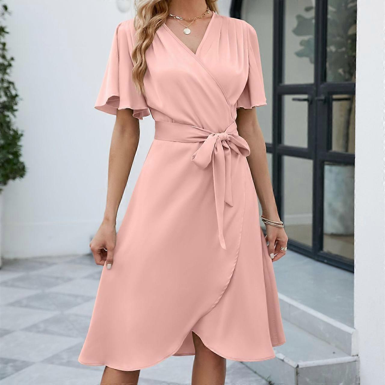 HNXC Women's Fashion Summer Spring Solid Color Print Short Sleeve V-Neck High Waist Casual Dresses