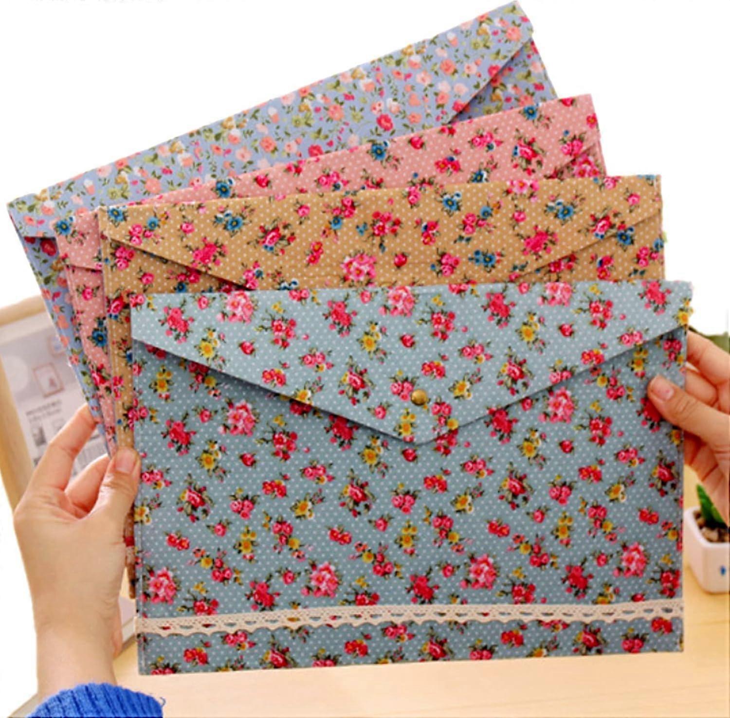File Folder - Portable floral file folder, fabric document bag with snap button (4 colors)