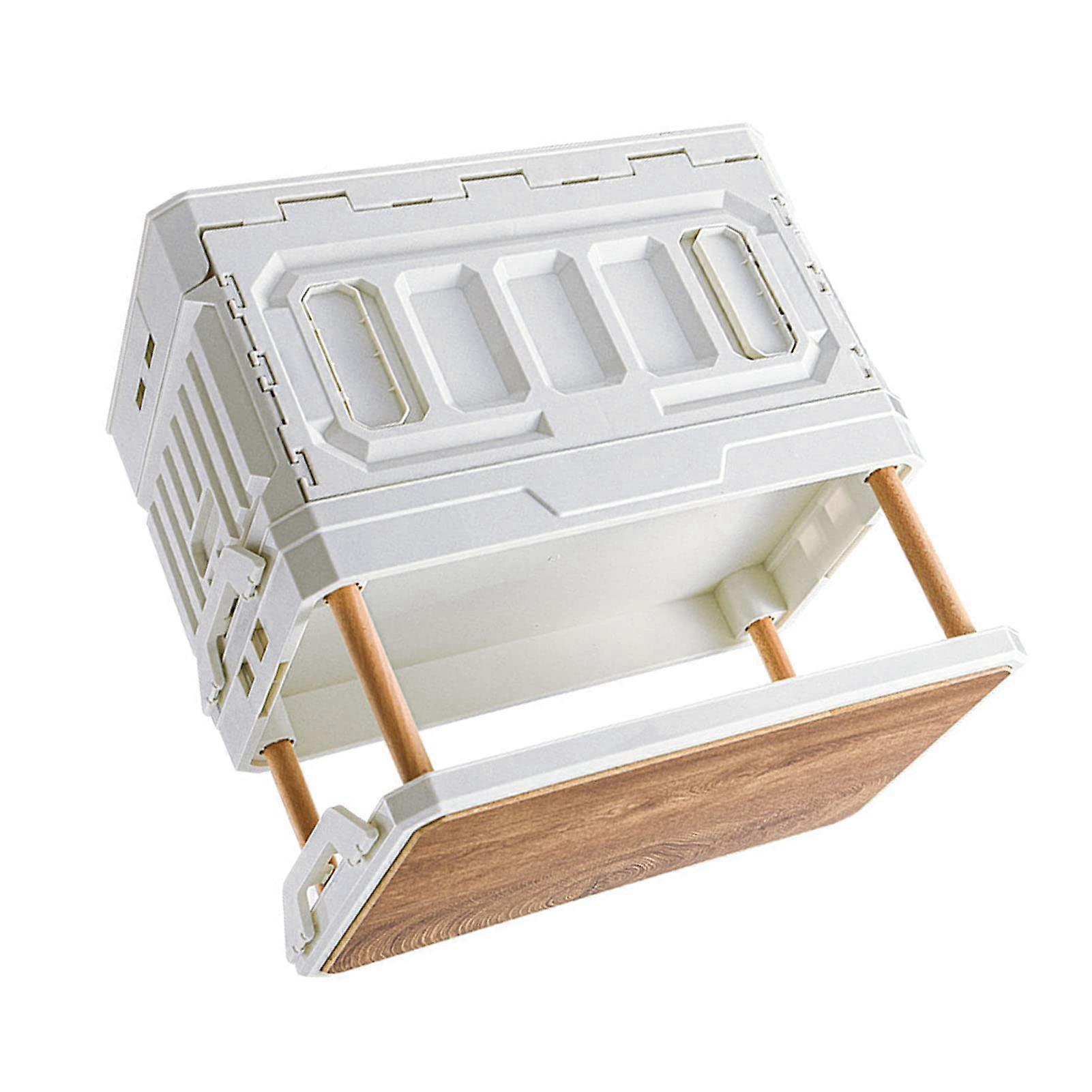 95L Foldable Storage Box with Wooden Lid 3Layer Beige Container (Beige)