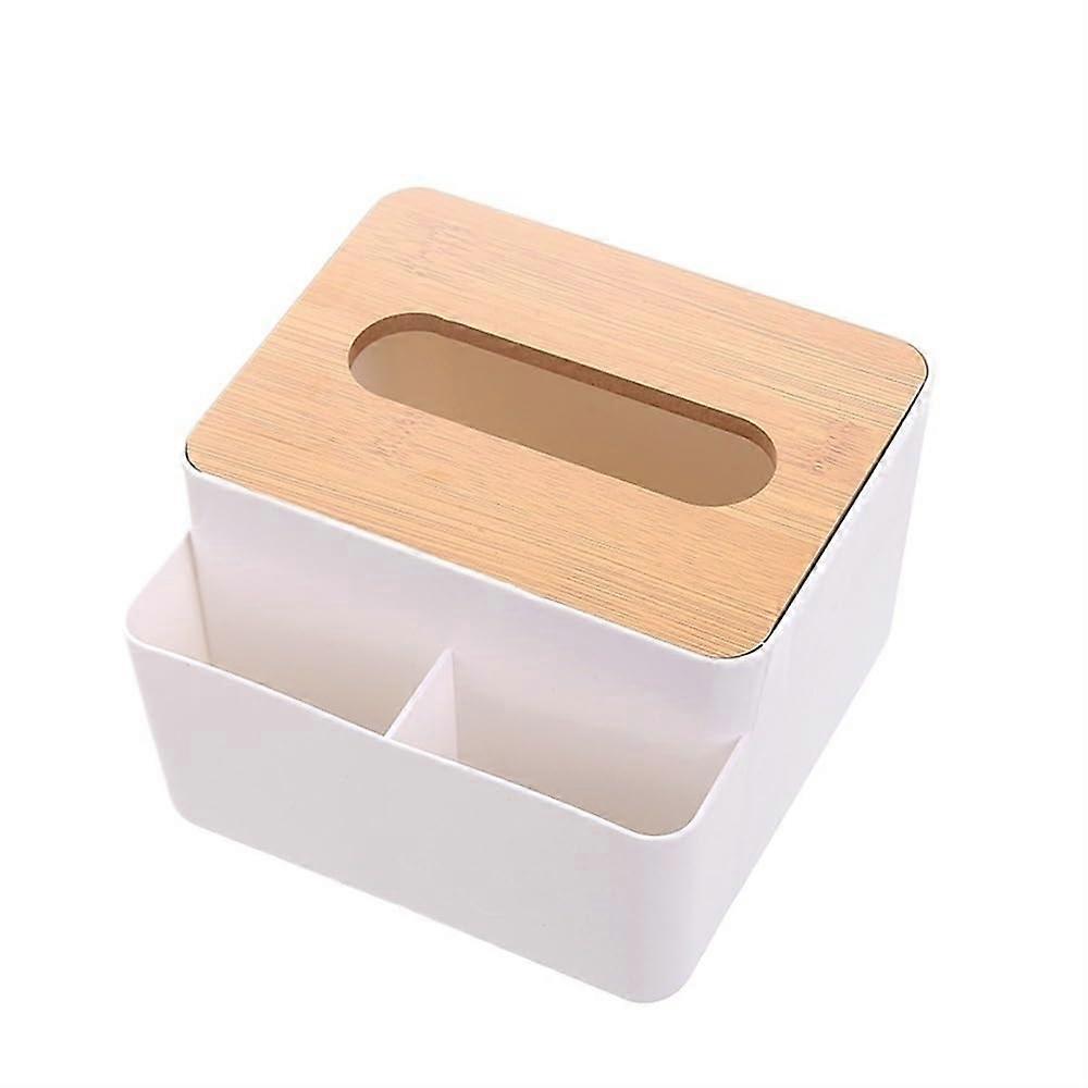 Stylish tissue box with wooden lid, round, square, plastic, for home and car, modern napkin holder and wet wipe container (square)