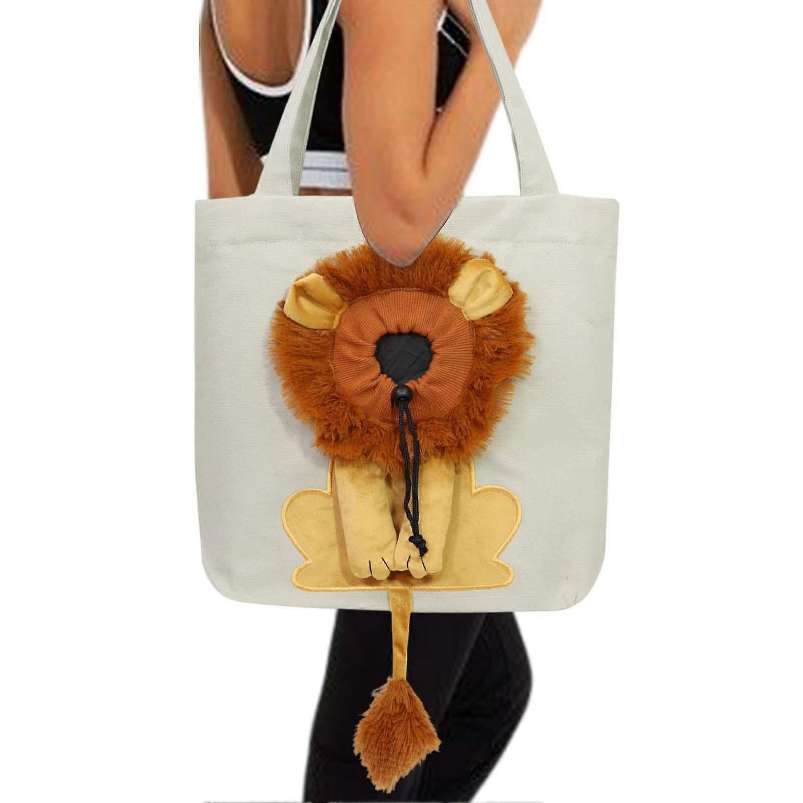 Pet Canvas Sling Bag Lion Pet Carrier Bag Canvas Pet Out Sling Bag with Elastic Cord, Breathable Light Gray