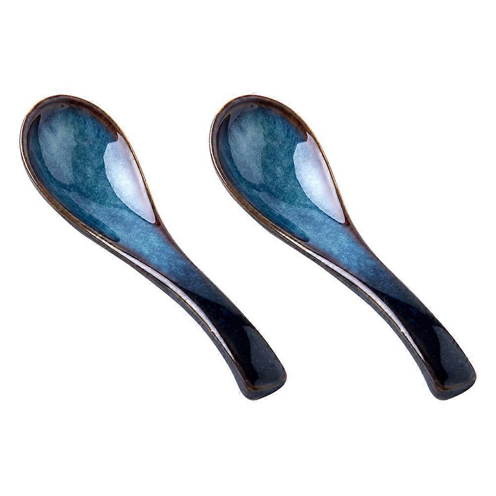 Tableware Spoon Ceramic 14X4CM Blue For Soup And Rice Design 2Pcs