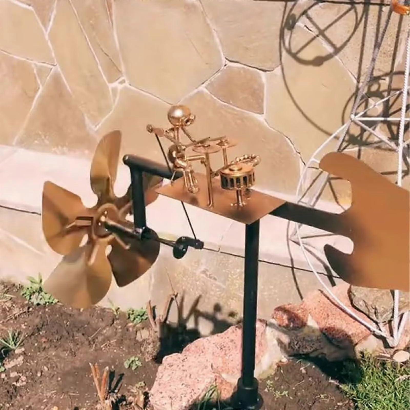 Handcrafted Metal Drum Windmill Sculpture Rotating Drummer Kinetic Art With Rust-Resistant Outdoor Decor For Patio (A)