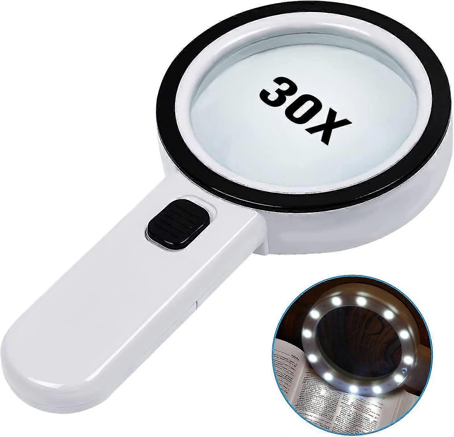 Reading Magnifier, 30x Magnification with 12 LED Lights - Lighted Reading Magnifier for Seniors - for Reading, Coins, Stamps, Maps, Inspection