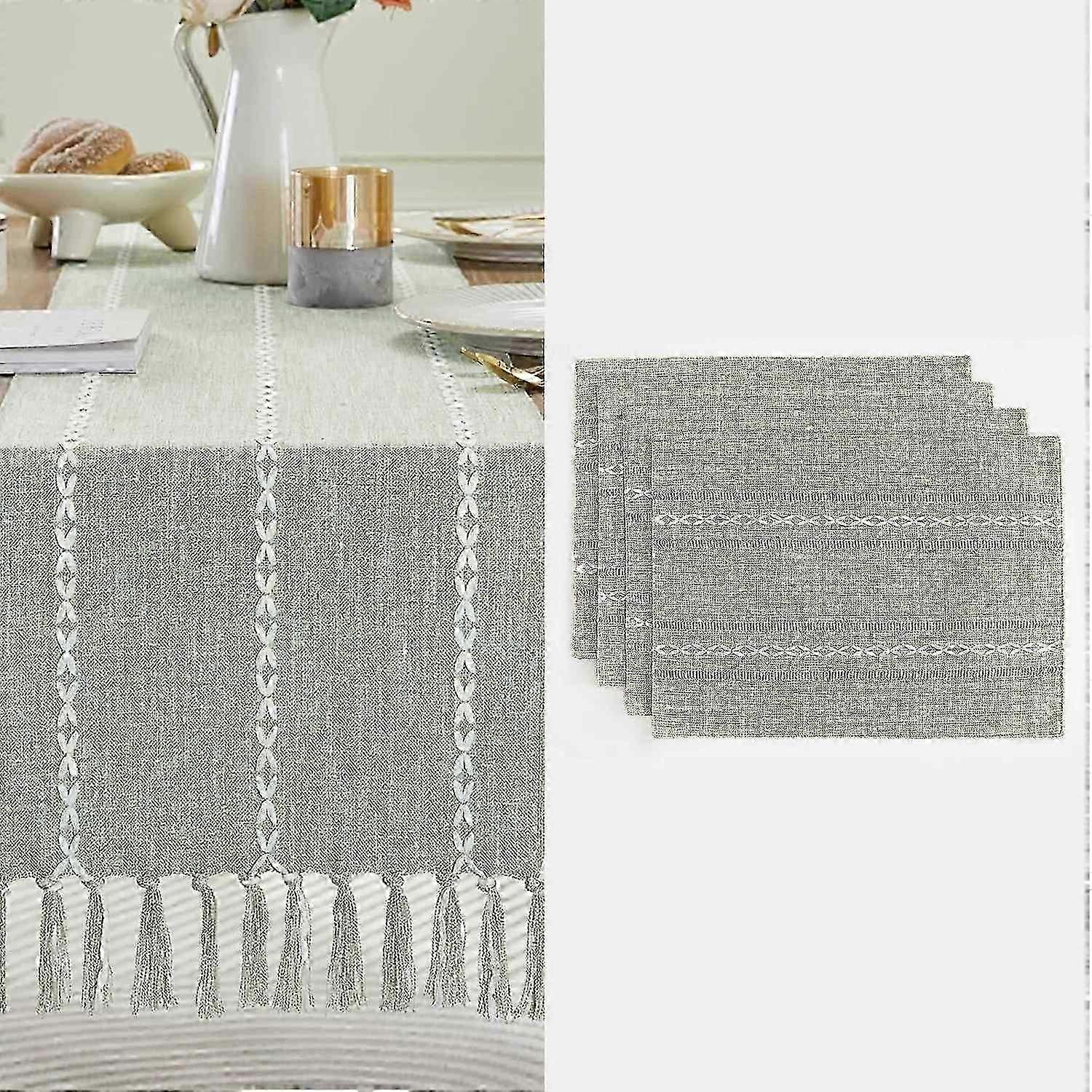 2025 Latest Model Green Rustic Table Runner And Placemat Set; Cotton And Linen Farmhouse Table Fz
