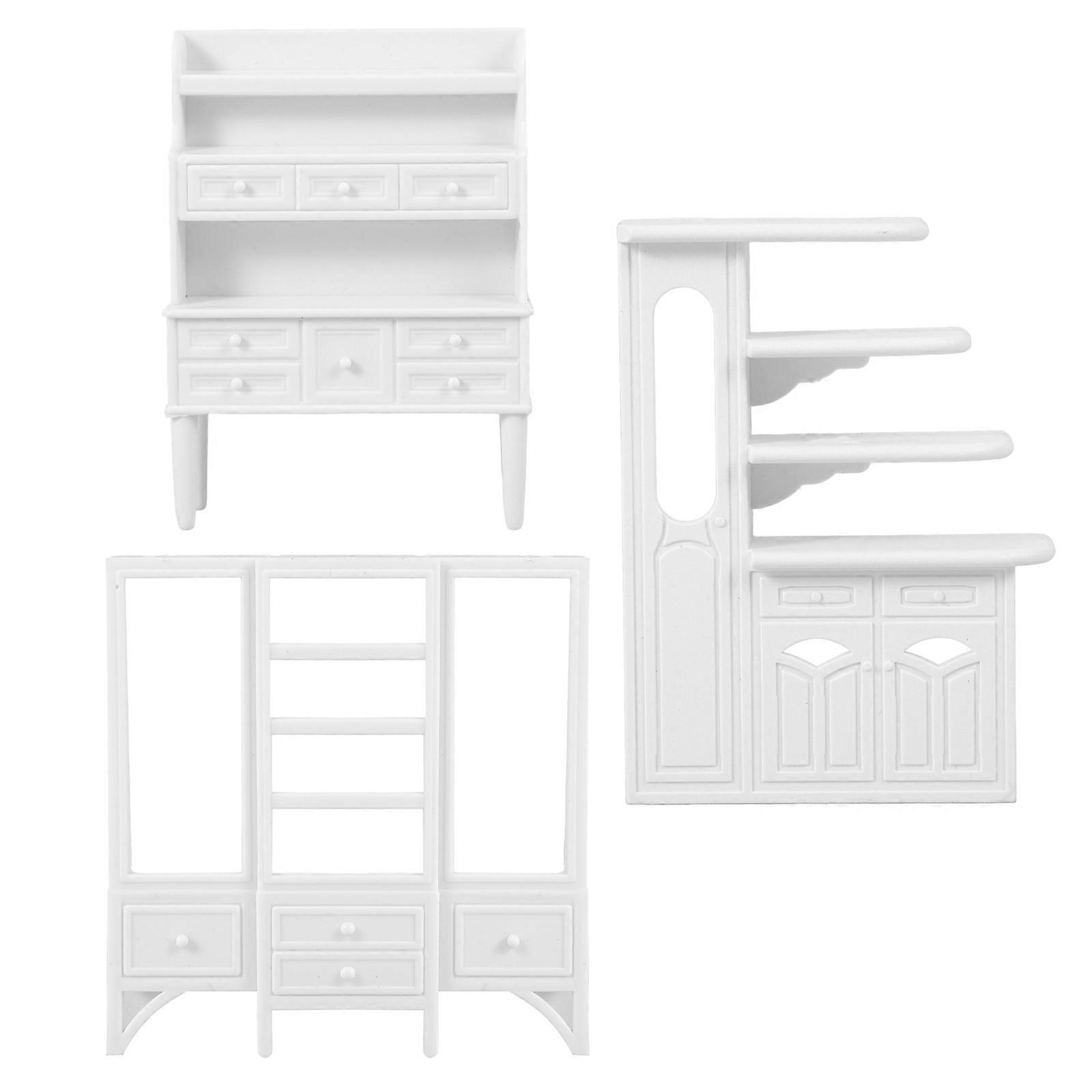 3pcs Miniature Dollhouse Furniture Set – Unfinished Storage Cabinet, Dining Cabinet & Cupboard Models for DIY House Decoration