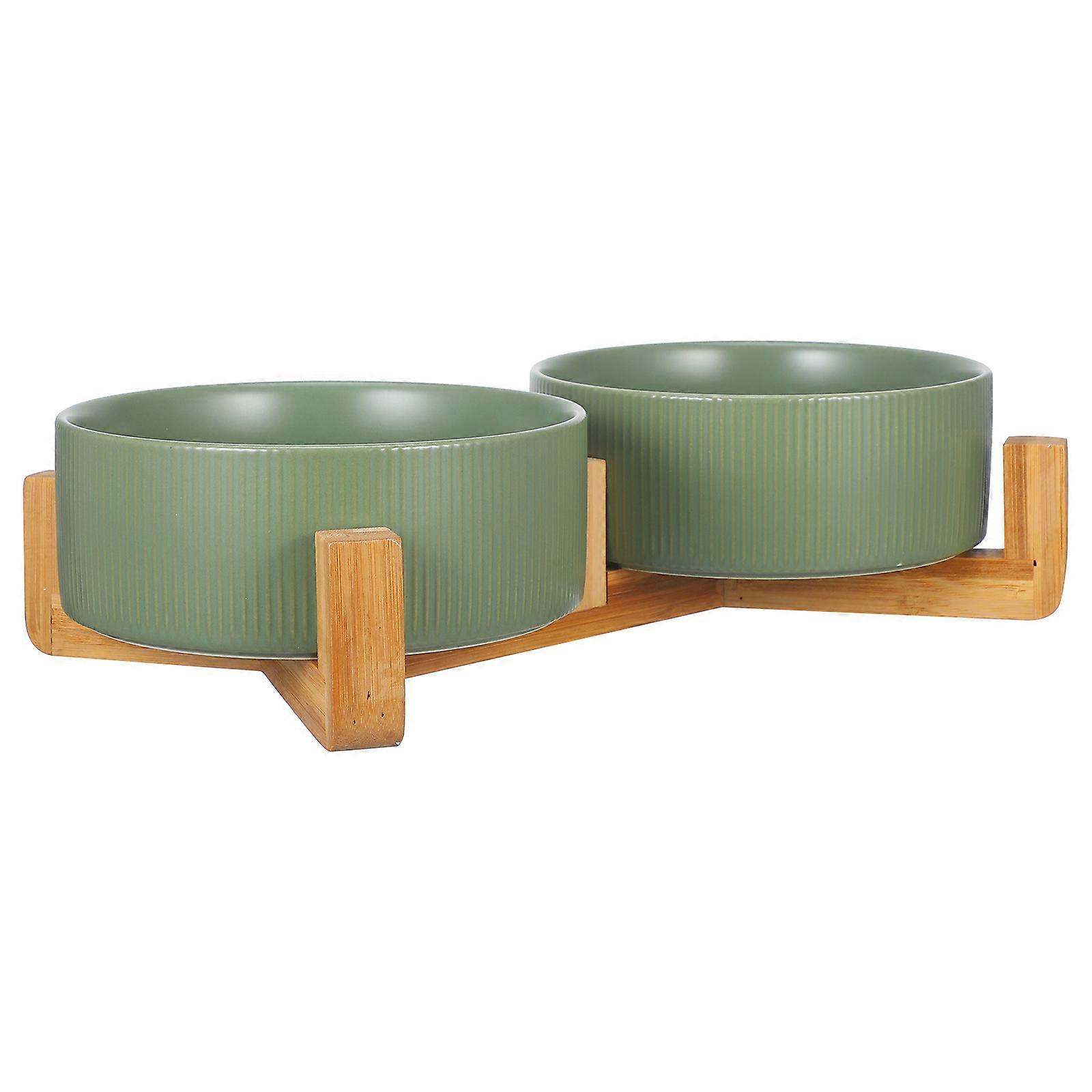 Ceramic Cat Feeder with Sturdy Wood Stand for Stable and Safe Pet Dishes 7 Inches